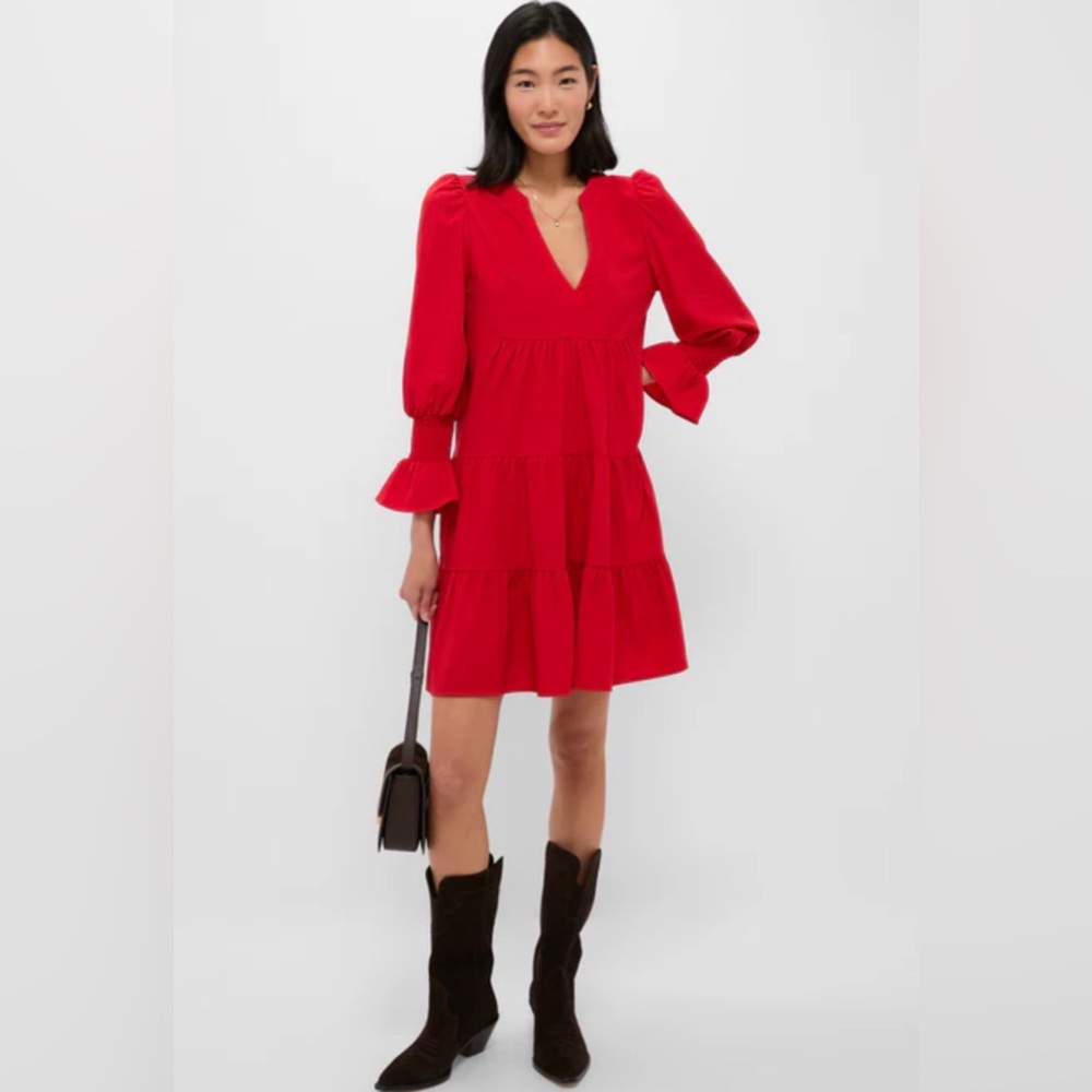 Pomander Place Red Crepe Kenzo Boho Tiered Mini Dress Puff Ruffled Sleeve Medium